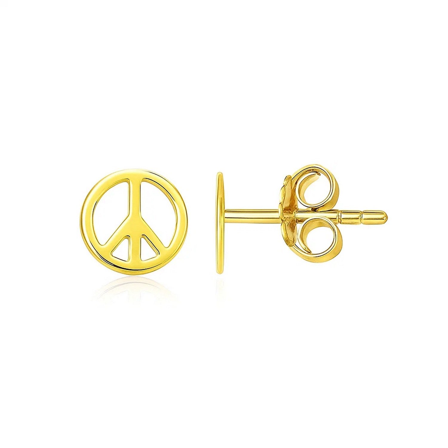 14k Yellow Gold Post Earrings with Peace Signs(6.9mm) in a sleek high-contrast midnight luxury editorial style